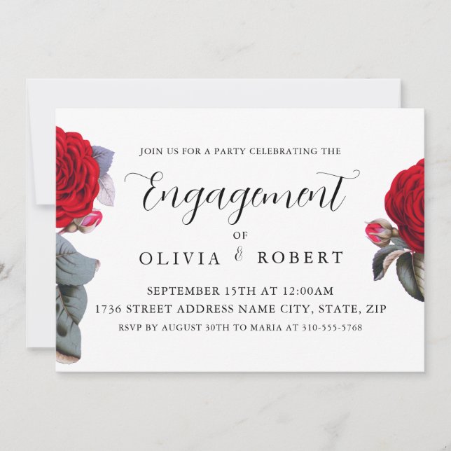 Invitación Rosa de jardín rojo de lujo. Parte de compromiso e (Anverso)