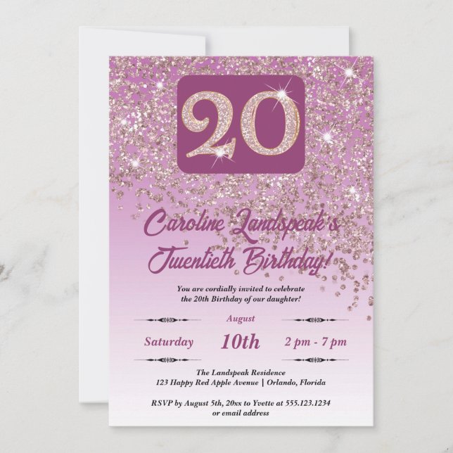 Invitación Rosa de la caída Purpurina de oro 20 cumpleaños (Anverso)