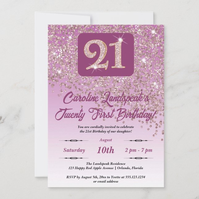 Invitación Rosa de la caída Purpurina de oro 21ª Fiesta de cu (Anverso)