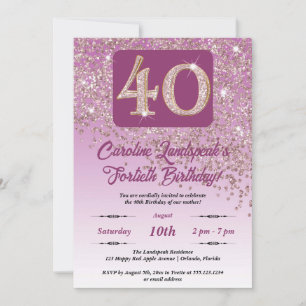 Invitación Rosa de la caída Purpurina de oro 40.º Fiesta de c