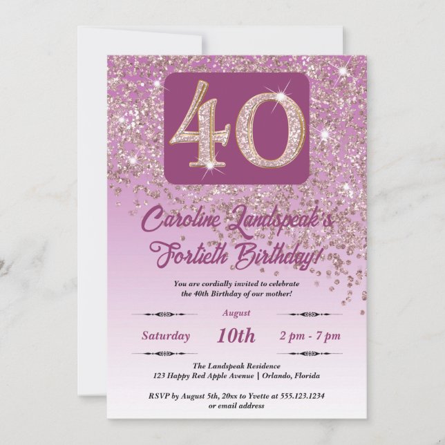Invitación Rosa de la caída Purpurina de oro 40.º Fiesta de c (Anverso)