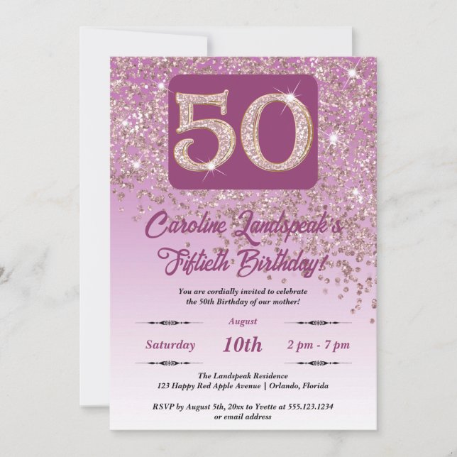 Invitación Rosa de la caída Purpurina de oro 50 cumpleaños (Anverso)
