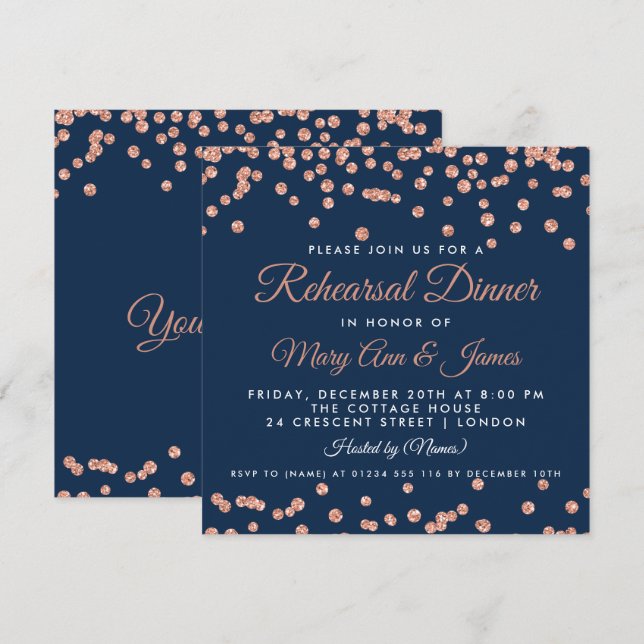 Invitación Rosa de la cena de ensayo Purpurina de oro Confett (Anverso / Reverso)