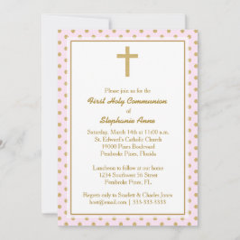 Invitación Rosa de la comunión con puntos de polka de oro