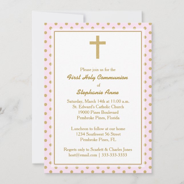 Invitación Rosa de la comunión con puntos de polka de oro (Anverso)