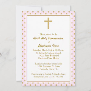 Invitación Rosa de la comunión con puntos de polka de oro