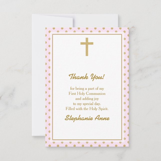 Invitación Rosa de la comunión con puntos de polka de oro (Anverso)