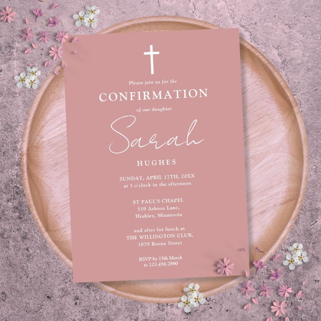 Invitación Rosa  de la confirmación Minimalista moderna (Dusty Rose Modern Minimalist Confirmation Invitation)