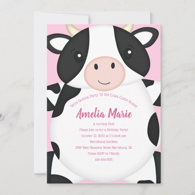 Invitación Rosa de la fiesta de cumpleaños de vacas (Anverso)