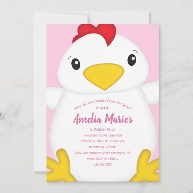 Invitación Rosa de la fiesta de cumpleaños del pollo (Anverso)