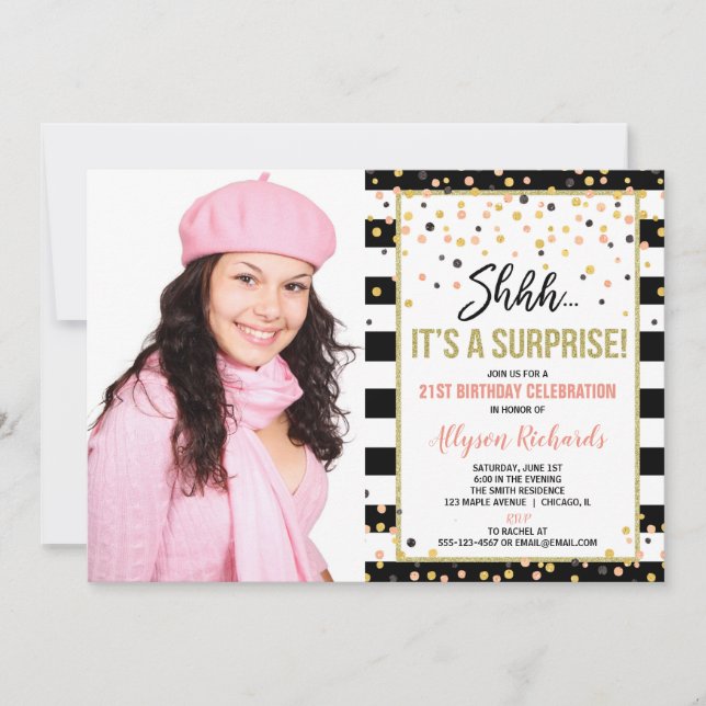 Invitación Rosa de la fiesta de cumpleaños sorpresa foto de o (Anverso)