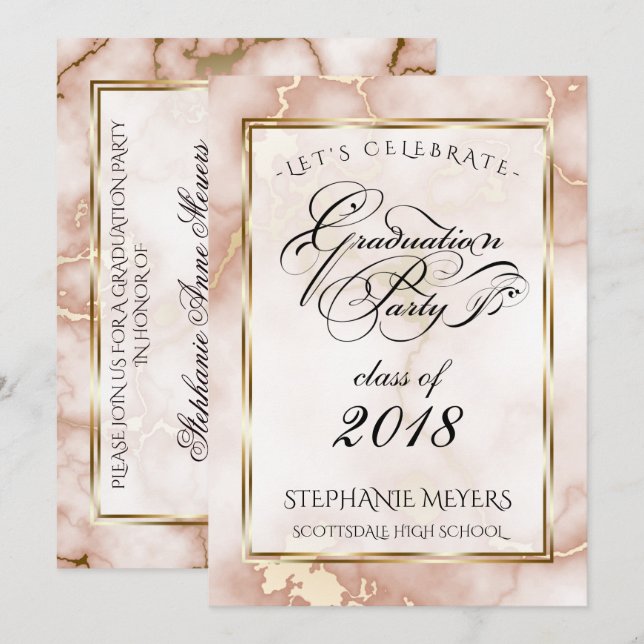 Invitación Rosa de la fiesta de graduación y mármol de oro (Anverso / Reverso)