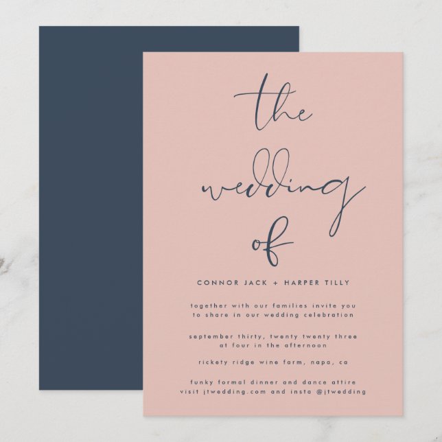 Invitación Rosa  de la Marina Azul moderna Boda (Anverso / Reverso)