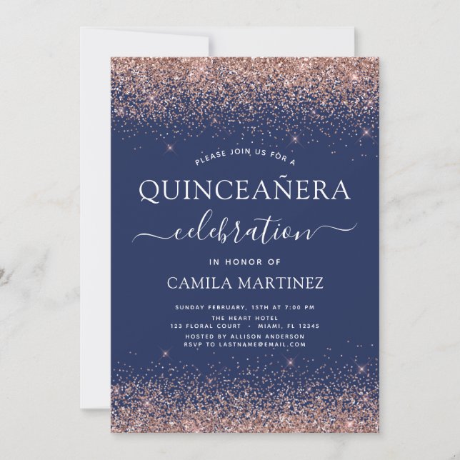 Invitación Rosa de la Marina Azul Quinceanera Oro Rubor Rosa (Anverso)