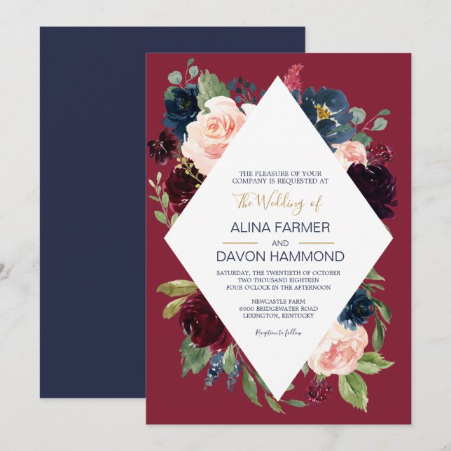 Invitación Rosa de la Marina Borgoña Boda del marco botánico  (Anverso / Reverso)