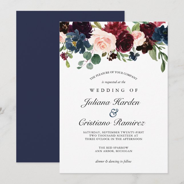 Invitación Rosa de la Marina Borgoña Boda Floral (Anverso / Reverso)