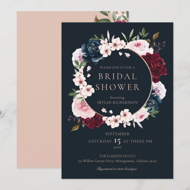 Invitación Rosa de la Marina de Borgoña Agua Wreath Bridal Sh (Anverso / Reverso)