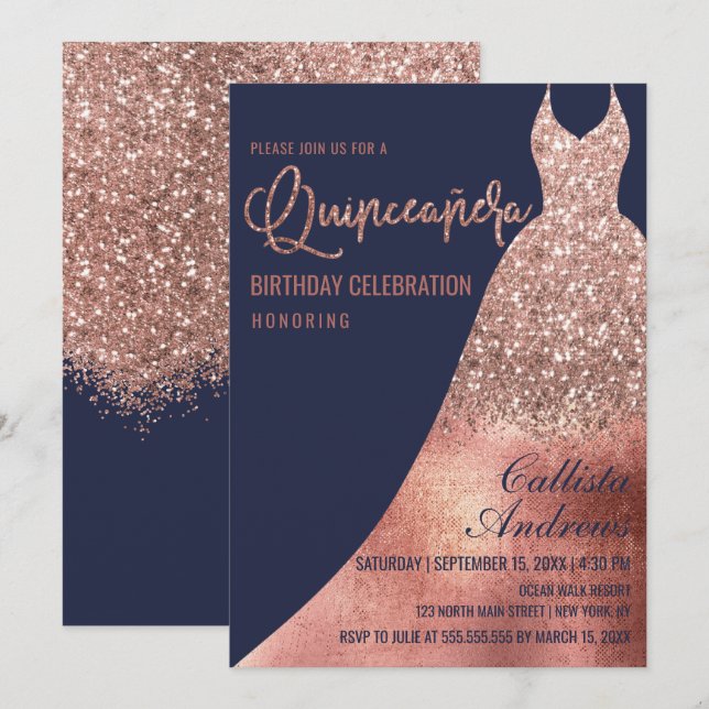 Invitación Rosa de la Marina de Lujo Vestido Purpurina de Oro (Anverso / Reverso)