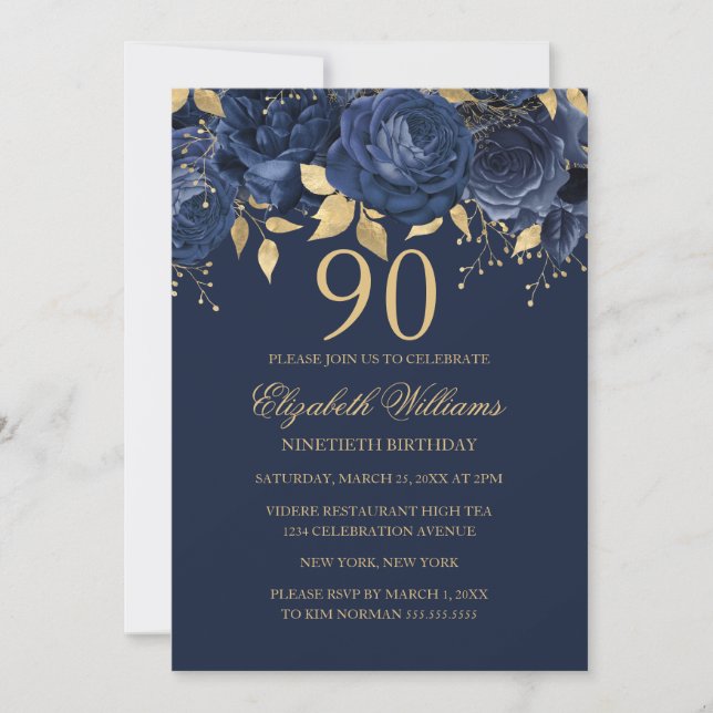 Invitación Rosa de la Marina de Oro Floral 90 cumpleaños (Anverso)