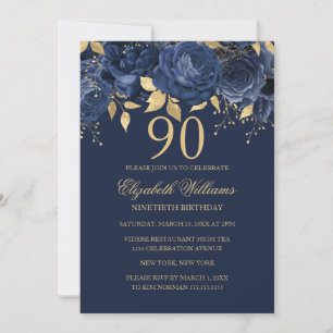 Invitación Rosa de la Marina de Oro Floral 90 cumpleaños