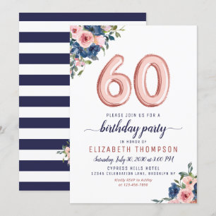 Invitación Rosa de la Marina Floral de Globo de Oro Rubor 60