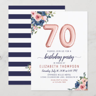 Invitación Rosa de la Marina Floral de Globos de Oro Rubor 70