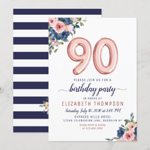 Invitación Rosa de la Marina Floral de Globos de Oro Rubor 90
