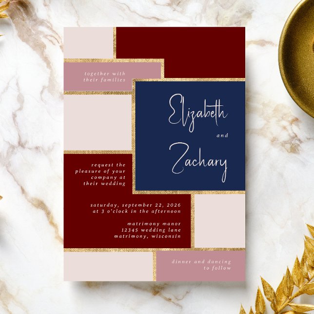 Invitación Rosa de la Marina moderna  Borgoña Rubor Boda de o (A unique choice for a modern burgundy, navy blue, blush and gold wedding palette.)
