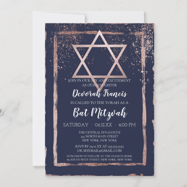 Invitación Rosa de la Marina Oro Confetti Brushstrot Bat Mitz (Anverso)
