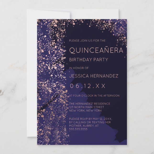 Invitación Rosa de la Marina Paleta de Oro Pincel Quinceañera (Anverso)