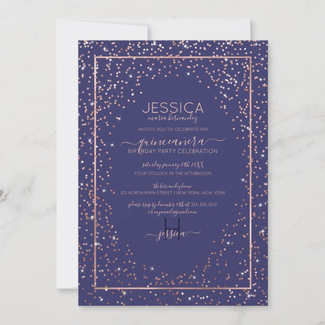 Invitación Rosa de la Marina Purpurina de oro Confetti Borde  (Anverso)