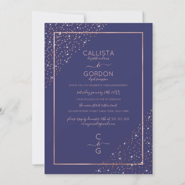 Invitación Rosa de la Marina Purpurina de oro Confetti Corner (Anverso)