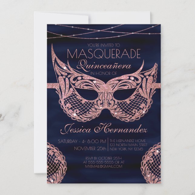 Invitación Rosa de la Marina Purpurina de oro Mascarada de en (Anverso)