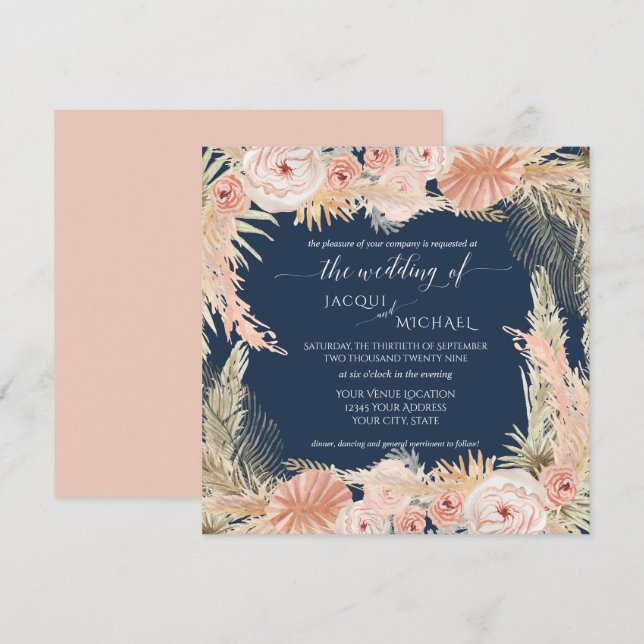 Invitación Rosa de la Marina Rubor BOHO Peony Floral Pampas G (Anverso / Reverso)