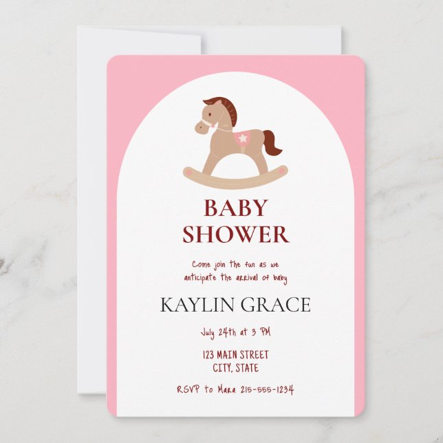 Invitación Rosa de la pequeña niña de caballo de roca Baby Sh (Anverso)