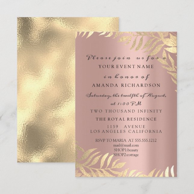 Invitación Rosa de la selva dorada elegante cumpleaños de bod (Anverso / Reverso)