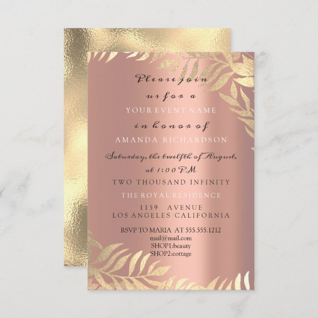 Invitación Rosa de la selva dorada rosada elegante cumpleaños (Anverso / Reverso)