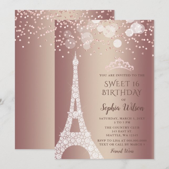 Invitación Rosa de la Torre Eiffel Purpurina de la Espuma de  (Anverso / Reverso)