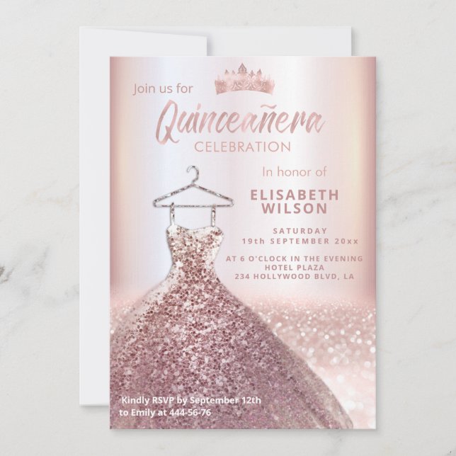 Invitación Rosa de las secuelas de oro vestido tiara Quinceañ (Anverso)