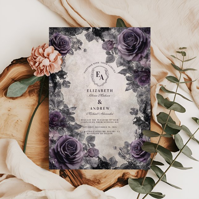 Invitación Rosa de lavanda gótica con marco de encaje negro (Subido por el creador)