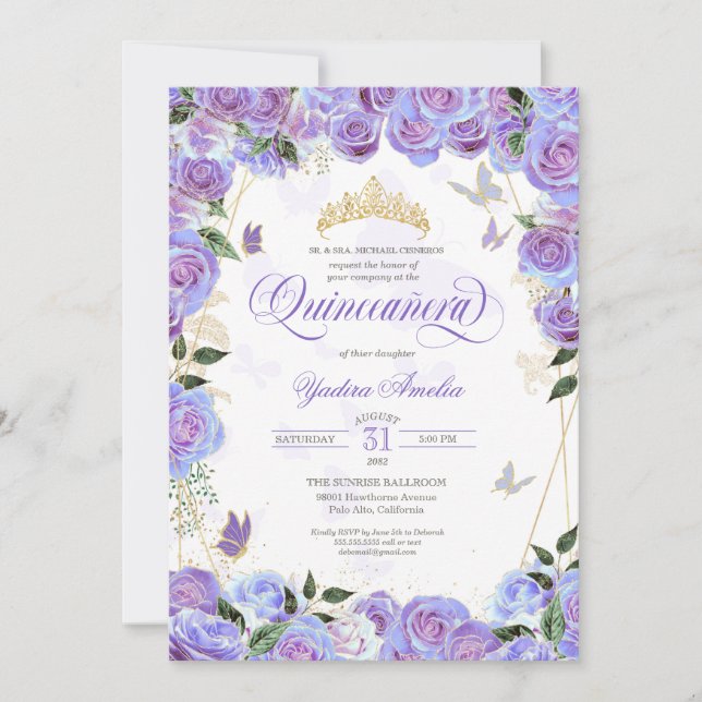 Invitación Rosa de lavanda morada elegante mariposa Quinceane (Anverso)