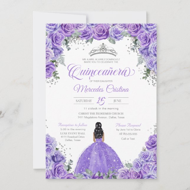 Invitación Rosa de lavanda morada Silver Tiara Quinceanera (Anverso)