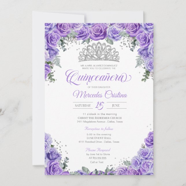 Invitación Rosa de lavanda morada y plata Tiara Quinceanera (Anverso)