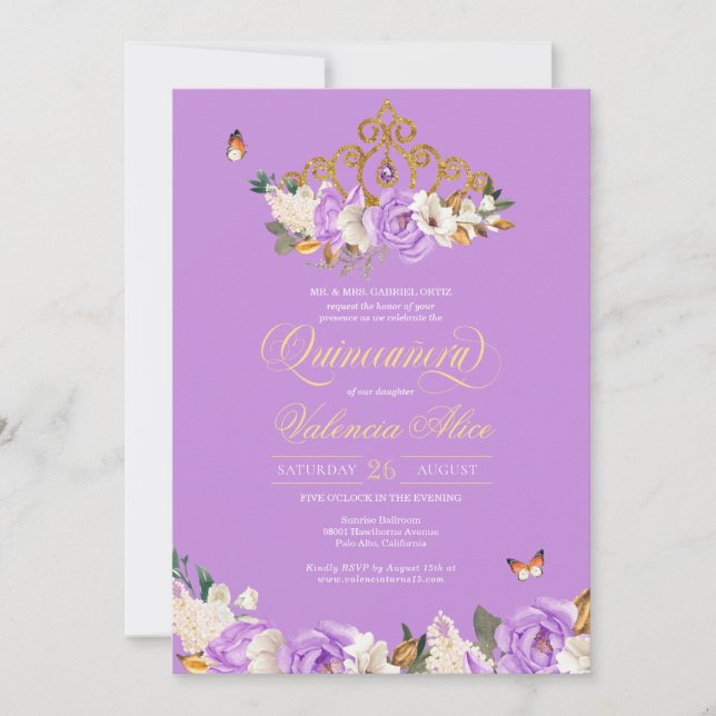 Invitación Rosa de lavanda Oro Tiara Mariposa Quinceanera (Anverso)