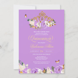 Invitación Rosa de lavanda Oro Tiara Mariposa Quinceanera