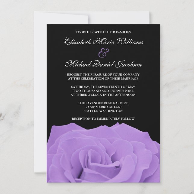 Invitación Rosa de lavanda y Boda negro (Anverso)