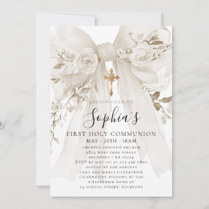 Invitación Rosa de lazo blanco floral primera comunión niña