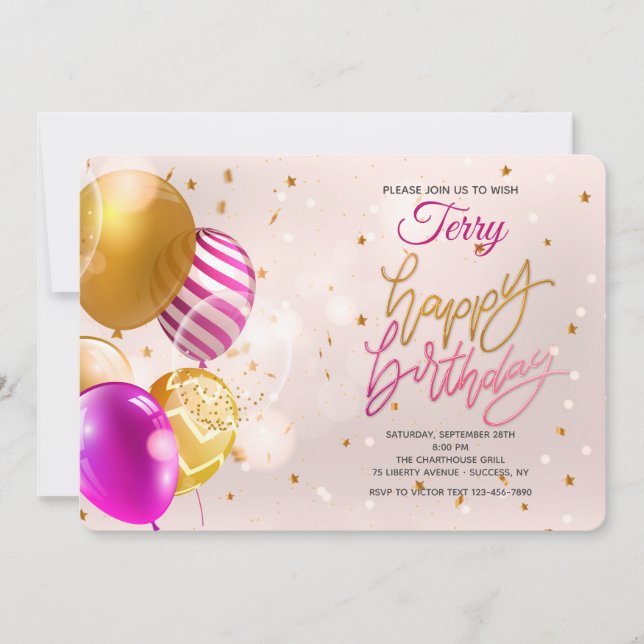 Invitación rosa de los globos de cumpleaños (Anverso)