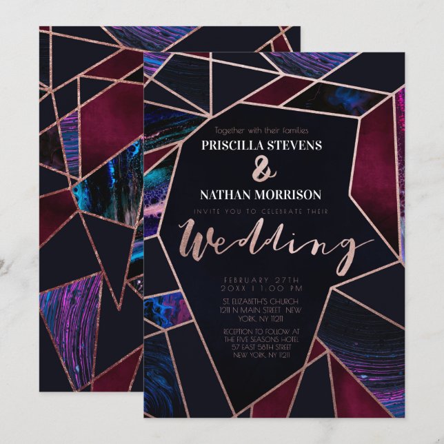 Invitación Rosa de lujo Boda de Mármol de pintura líquida de  (Anverso / Reverso)