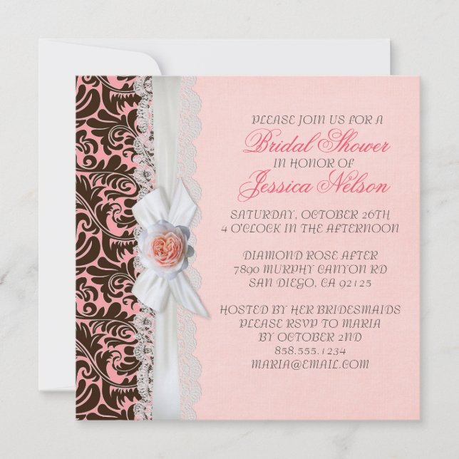 Invitación Rosa de lujo Cinta Chocolate Damask Bridal Shower (Anverso)